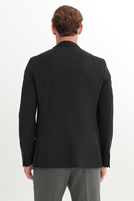 Yünlü Slim Fit Mono Yaka Kapak Cepli Siyah Ceket resmi