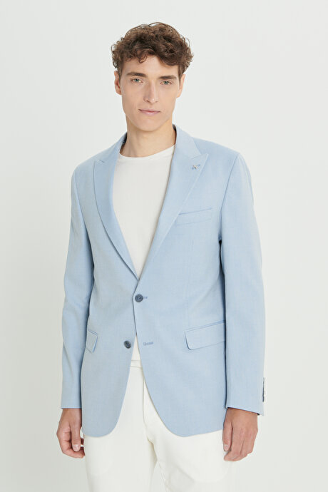 Slim Fit Dar Kesim Kırlangıç Yaka Açık Mavi Ceket resmi