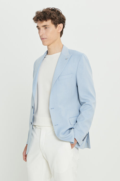 Slim Fit Dar Kesim Kırlangıç Yaka Açık Mavi Ceket resmi