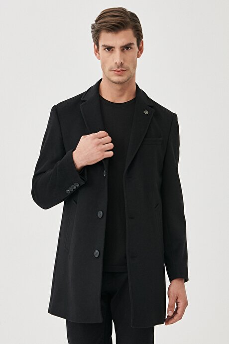 Standart Fit Normal Kesim Mono Yaka Yünlü Siyah Palto resmi