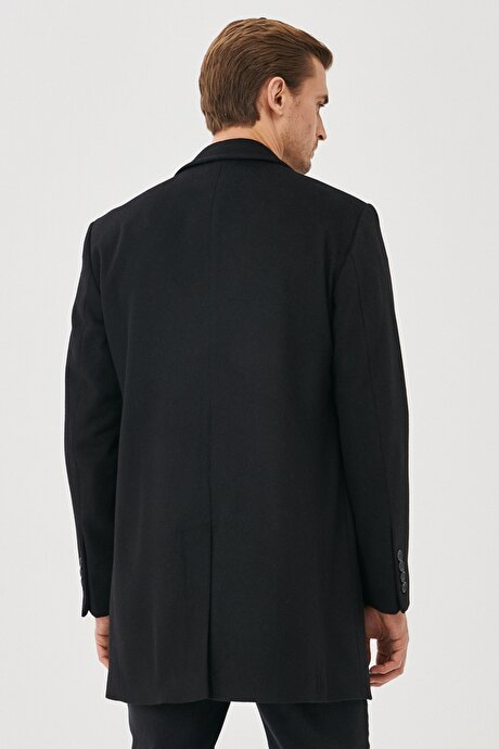 Standart Fit Normal Kesim Soğuk ve Rüzgar Geçirmez Özel Kumaş Yünlü Kaşe Siyah Palto resmi
