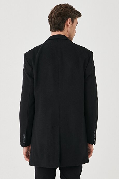 Standart Fit Normal Kesim Soğuk ve Rüzgar Geçirmez Özel Kumaş Yünlü Kaşe Siyah Palto resmi