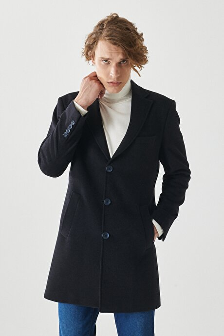 Standart Fit Normal Kesim Mono Yaka Pamuklu Kışlık Lacivert Palto resmi