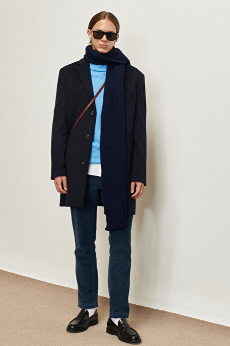 Ekstra Slim Fit Mono Yaka Klasik Lacivert Palto resmi
