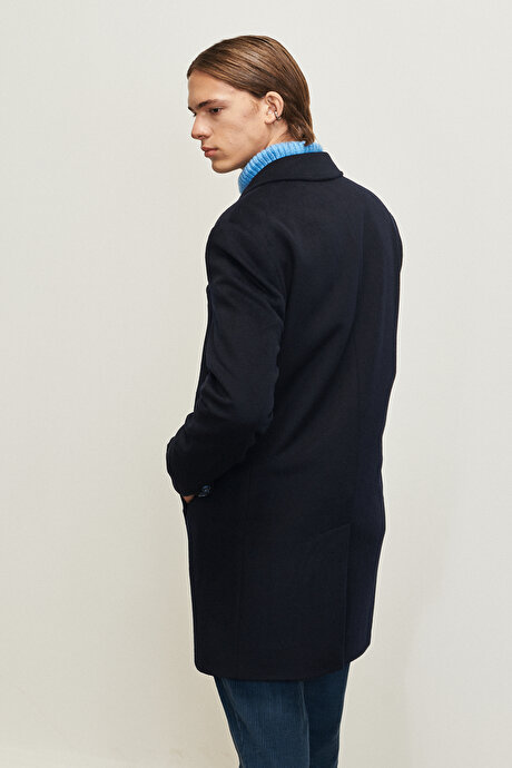 Standart Fit Normal Kesim Mono Yaka Yünlü Lacivert Palto resmi