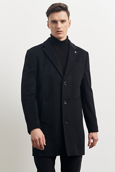 Standart Fit Normal Kesim Mono Yaka Yünlü Siyah Palto resmi