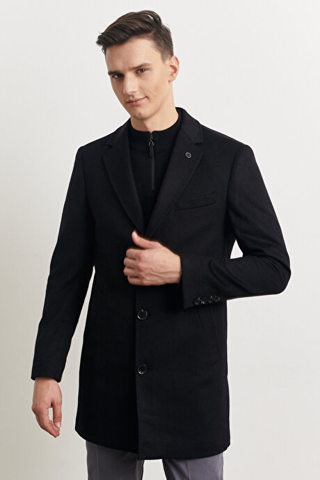 Standart Fit Normal Kesim Mono Yaka Yünlü Kaşmir Siyah Palto resmi