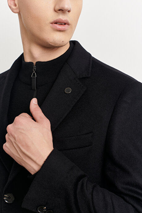 Standart Fit Normal Kesim Mono Yaka Yünlü Kaşmir Siyah Palto resmi