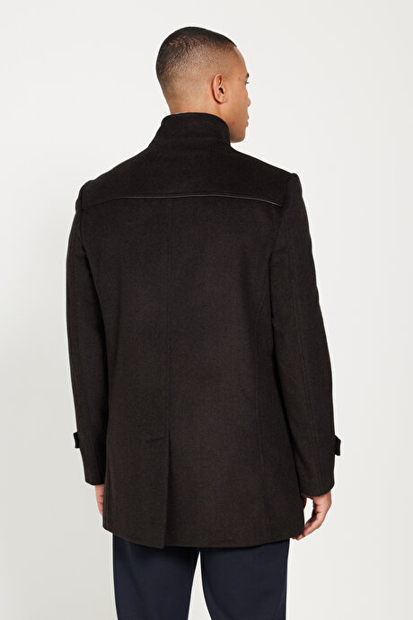 Standart Fit Normal Kesim Dik Yaka Desenli Kahverengi Palto resmi