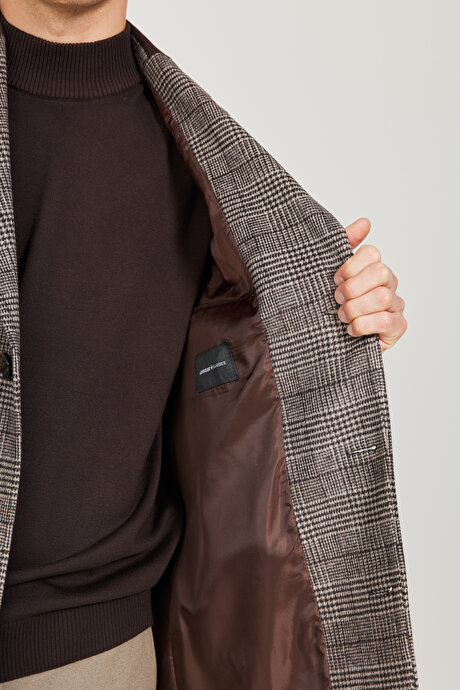 Standart Fit Normal Kesim Mono Yaka Desenli Yünlü Kahverengi Palto resmi