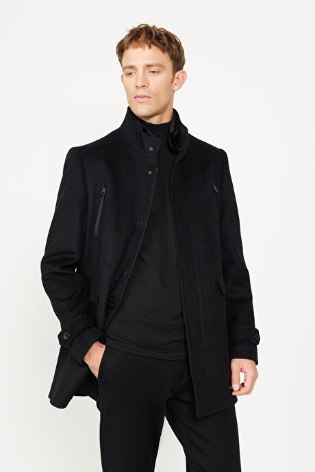 Standart Fit Normal Kesim Gömlek Yaka Yünlü Desenli Siyah Palto resmi