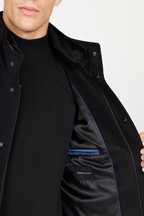 Standart Fit Normal Kesim Gömlek Yaka Yünlü Desenli Siyah Palto resmi