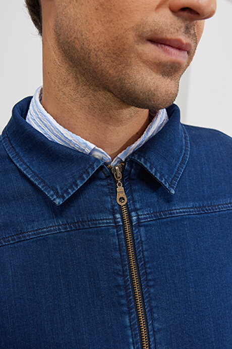 Standart Fit Normal Kesim Bebe Yaka Denim İndigo Mont resmi