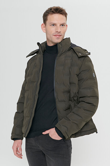 Rüzgar Geçirmez Termometreli Sıcak Tutan Standart Fit Normal Kesim Kapüşonlu Desenli Haki Mont resmi