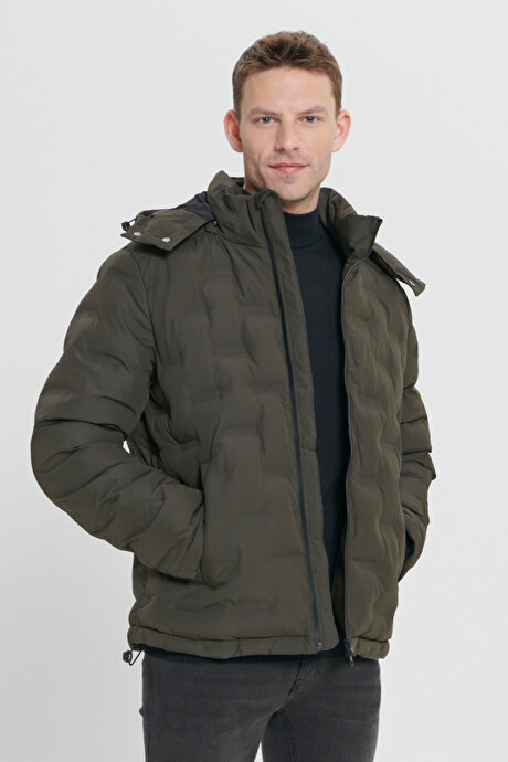 Rüzgar Geçirmez Termometreli Sıcak Tutan Standart Fit Normal Kesim Kapüşonlu Desenli Haki Mont resmi