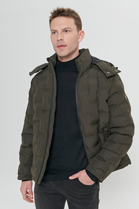 Rüzgar Geçirmez Termometreli Sıcak Tutan Standart Fit Normal Kesim Kapüşonlu Desenli Haki Mont resmi