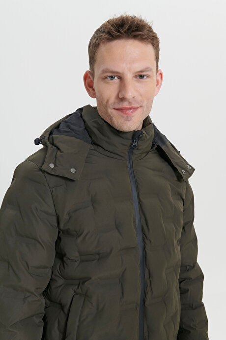 Rüzgar Geçirmez Termometreli Sıcak Tutan Standart Fit Normal Kesim Kapüşonlu Desenli Haki Mont resmi