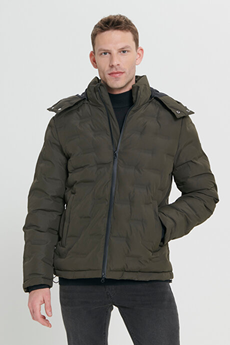 Rüzgar Geçirmez Termometreli Sıcak Tutan Standart Fit Normal Kesim Kapüşonlu Desenli Haki Mont resmi