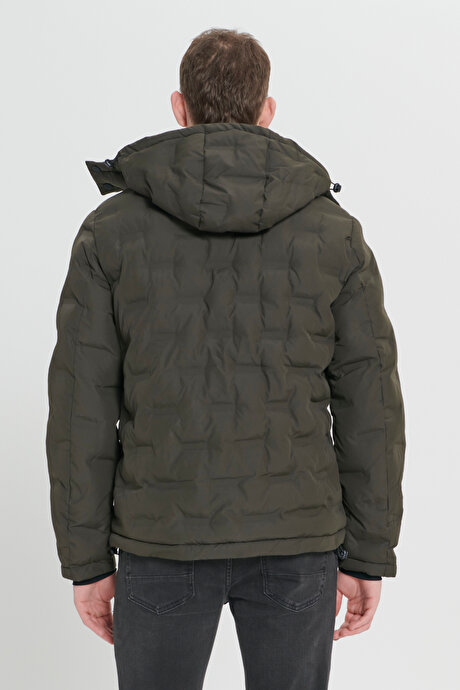 Rüzgar Geçirmez Termometreli Sıcak Tutan Standart Fit Normal Kesim Kapüşonlu Desenli Haki Mont resmi