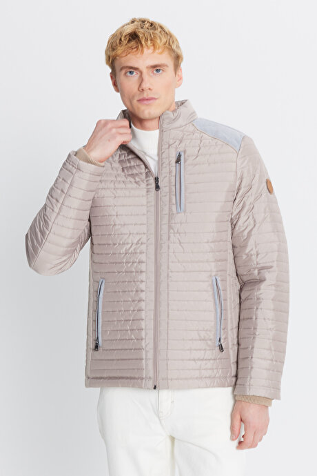 Standart Fit Normal Kesim Dik Yaka Desenli Bej Mont resmi