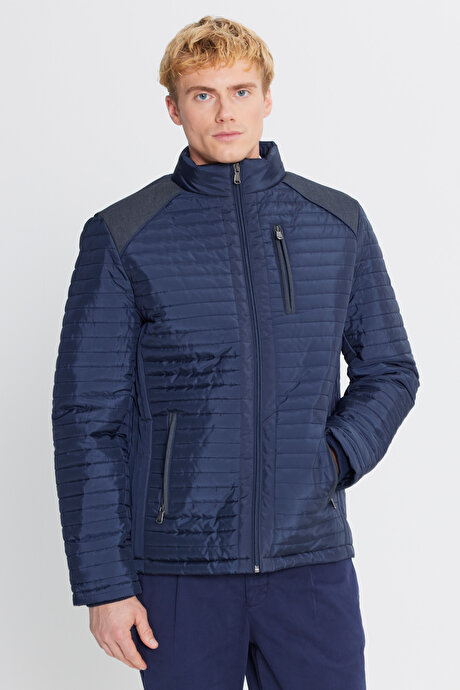 Standart Fit Normal Kesim Dik Yaka Desenli Lacivert Mont resmi