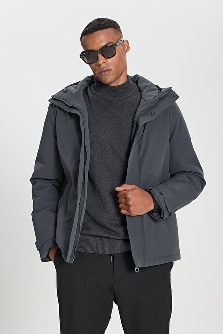 Standart Fit Normal Kesim Kapüşonlu Softshell Fermuarlı Yan Cepli Gri Mont resmi