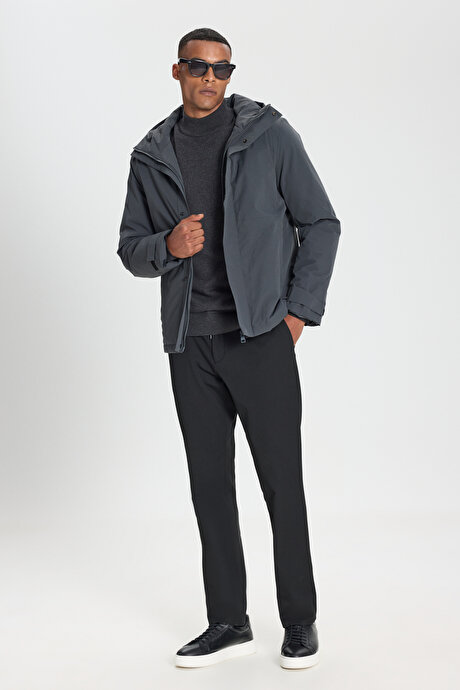 Standart Fit Normal Kesim Kapüşonlu Softshell Fermuarlı Yan Cepli Gri Mont resmi