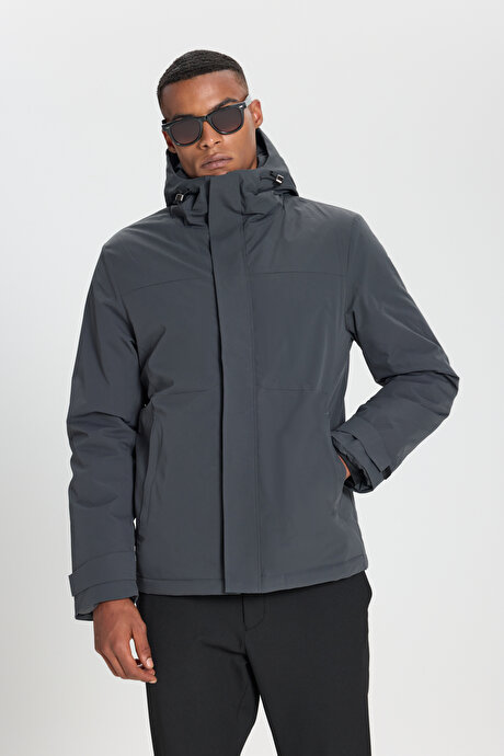 Standart Fit Normal Kesim Kapüşonlu Softshell Fermuarlı Yan Cepli Gri Mont resmi