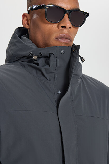 Standart Fit Normal Kesim Kapüşonlu Softshell Fermuarlı Yan Cepli Gri Mont resmi