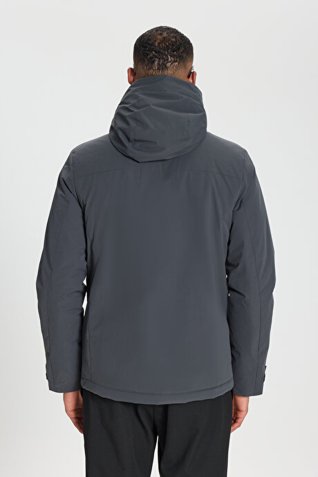 Standart Fit Normal Kesim Kapüşonlu Softshell Fermuarlı Yan Cepli Gri Mont resmi