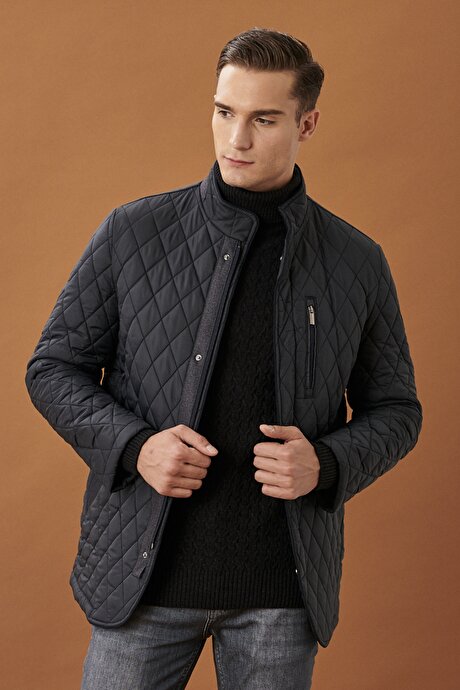 Standart Fit Soğuk Geçirmez Casual Lacivert Overcoat Mont resmi