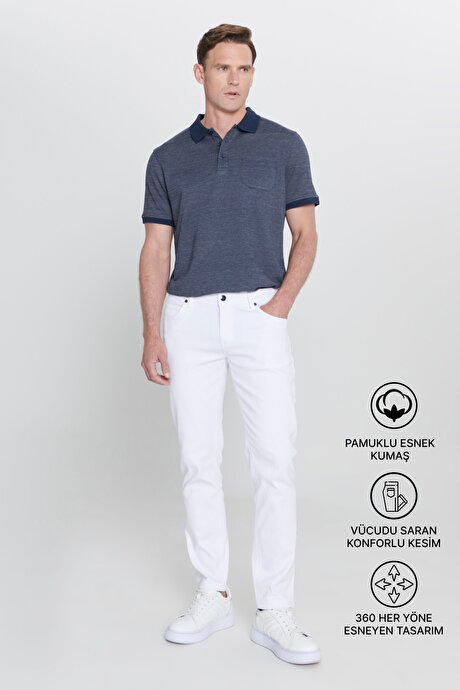 360 Derece Her Yöne Esneyen Slim Fit Dar Kesim Diyagonal Desenli Beyaz Pantolon resmi