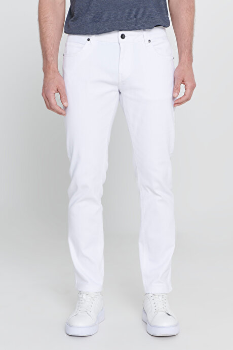 360 Derece Her Yöne Esneyen Slim Fit Dar Kesim Diyagonal Desenli Beyaz Pantolon resmi