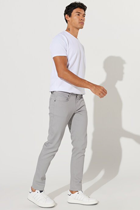 360 Derece Her Yöne Esneyen Slim Fit Dar Kesim Diyagonal Desenli Gri Pantolon resmi
