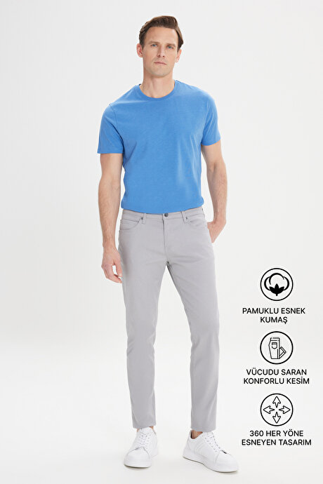 360 Derece Her Yöne Esneyen Slim Fit Dar Kesim Diyagonal Desenli Gri Pantolon resmi