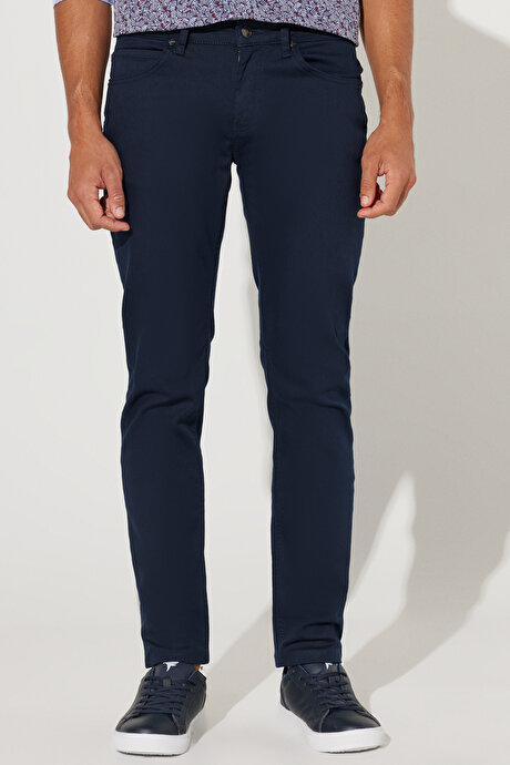 360 Derece Her Yöne Esneyen Slim Fit Dar Kesim Diyagonal Desenli Lacivert Pantolon resmi