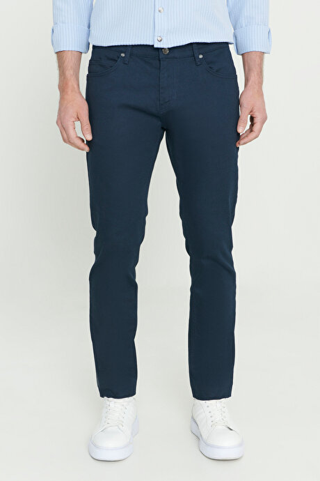 360 Derece Her Yöne Esneyen Slim Fit Dar Kesim Diyagonal Desenli Lacivert Pantolon resmi