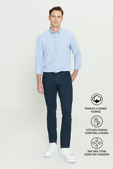 360 Derece Her Yöne Esneyen Slim Fit Dar Kesim Diyagonal Desenli Lacivert Pantolon resmi