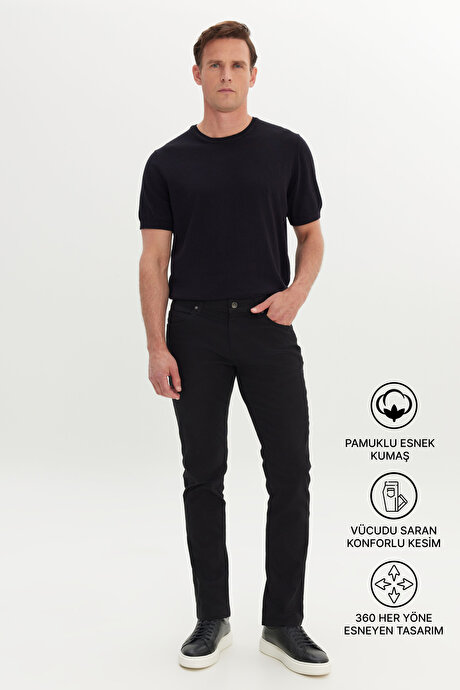360 Derece Her Yöne Esneyen Slim Fit Dar Kesim Diyagonal Desenli Siyah Pantolon resmi