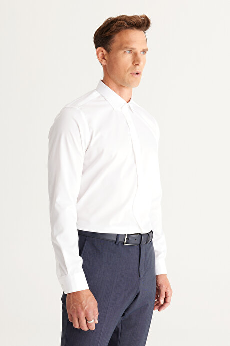 Ütü Gerektirmeyen Non-Iron Taılored Slim Fit Dar Kesim %100 Pamuk Beyaz Gömlek resmi