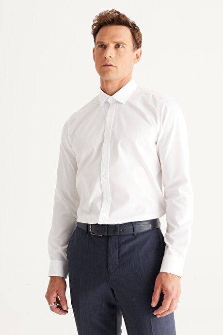 Ütü Gerektirmeyen Non-Iron Taılored Slim Fit Dar Kesim %100 Pamuk Beyaz Gömlek resmi