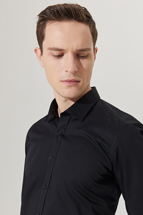 Ütü Gerektirmeyen Non-İron Slim Fit Dar Kesim %100 Pamuk Siyah Gömlek resmi