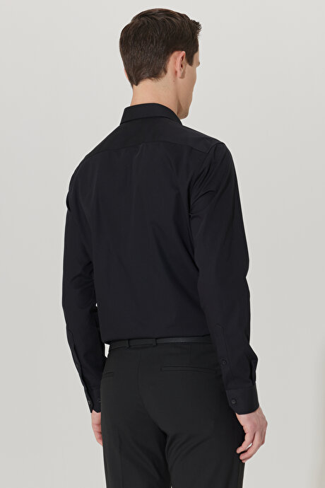 Ütü Gerektirmeyen Non-Iron Taılored Slim Fit Dar Kesim %100 Pamuk Siyah Gömlek resmi