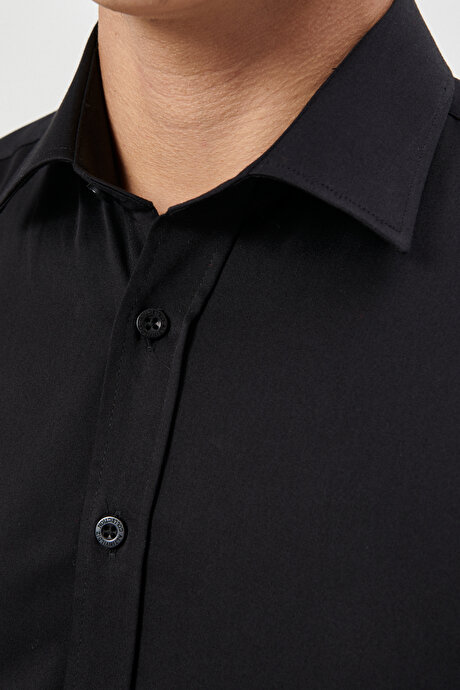 Slim Fit Dar Kesim Klasik Yaka Saten Siyah Gömlek resmi
