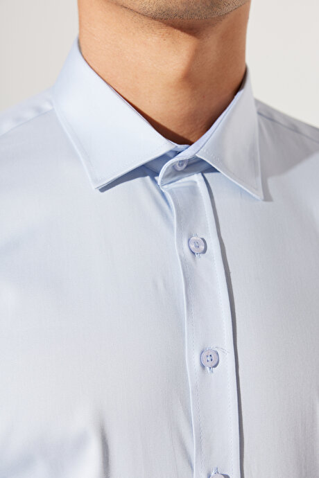 Slim Fit Dar Kesim Klasik Yaka Saten Açık Mavi Gömlek resmi