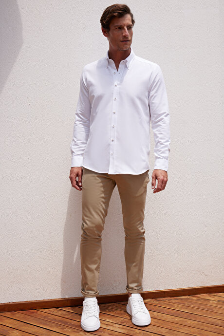 Düğmeli Yaka Tailored Slim Fit Dar Kesim Oxford Beyaz Gömlek resmi