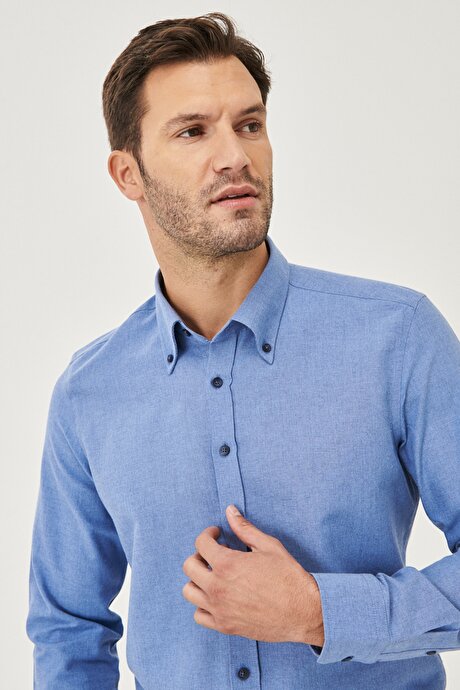 Düğmeli Yaka Tailored Slim Fit Dar Kesim Oxford Koyu Mavi Gömlek resmi