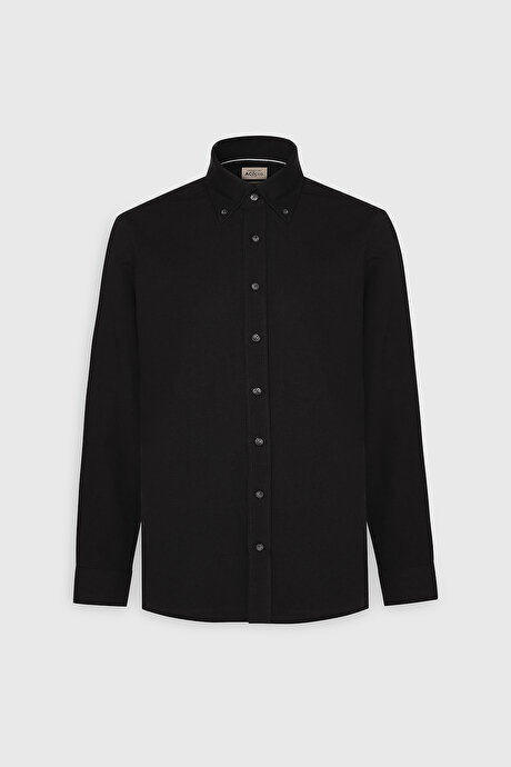 Slim Fit Dar Kesim Düğmeli Yaka Pamuklu Oxford Siyah Gömlek resmi
