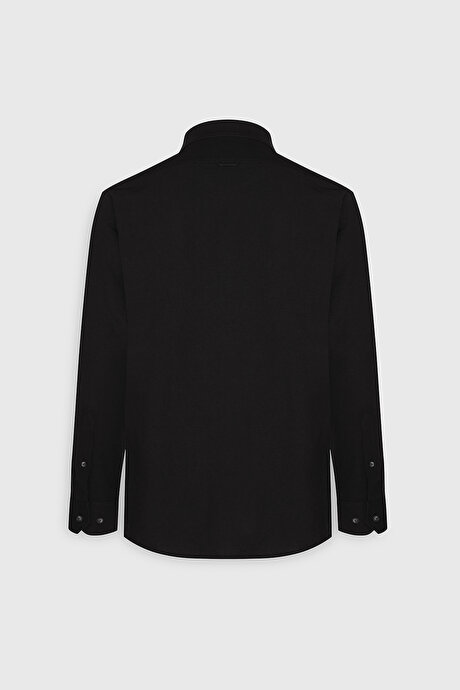 Slim Fit Dar Kesim Düğmeli Yaka Pamuklu Oxford Siyah Gömlek resmi