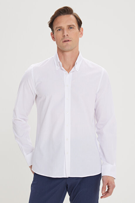 Slim Fit Dar Kesim %100 Pamuk Düğmeli Yaka Oxford Beyaz Gömlek resmi